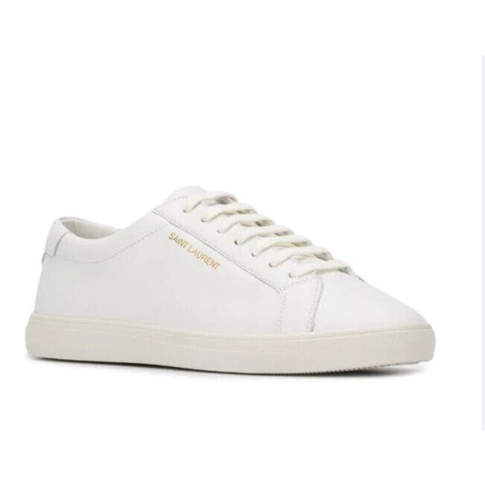 SAINT LAURENT White Leather ANDY Logo Low Top Lace Up Sneakers 37.5. US 7.5
